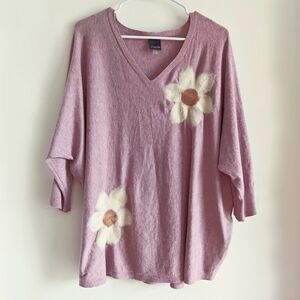 Aaeda Hazy Purple V-Neck Sweater with Wool Felting Floral Detailing